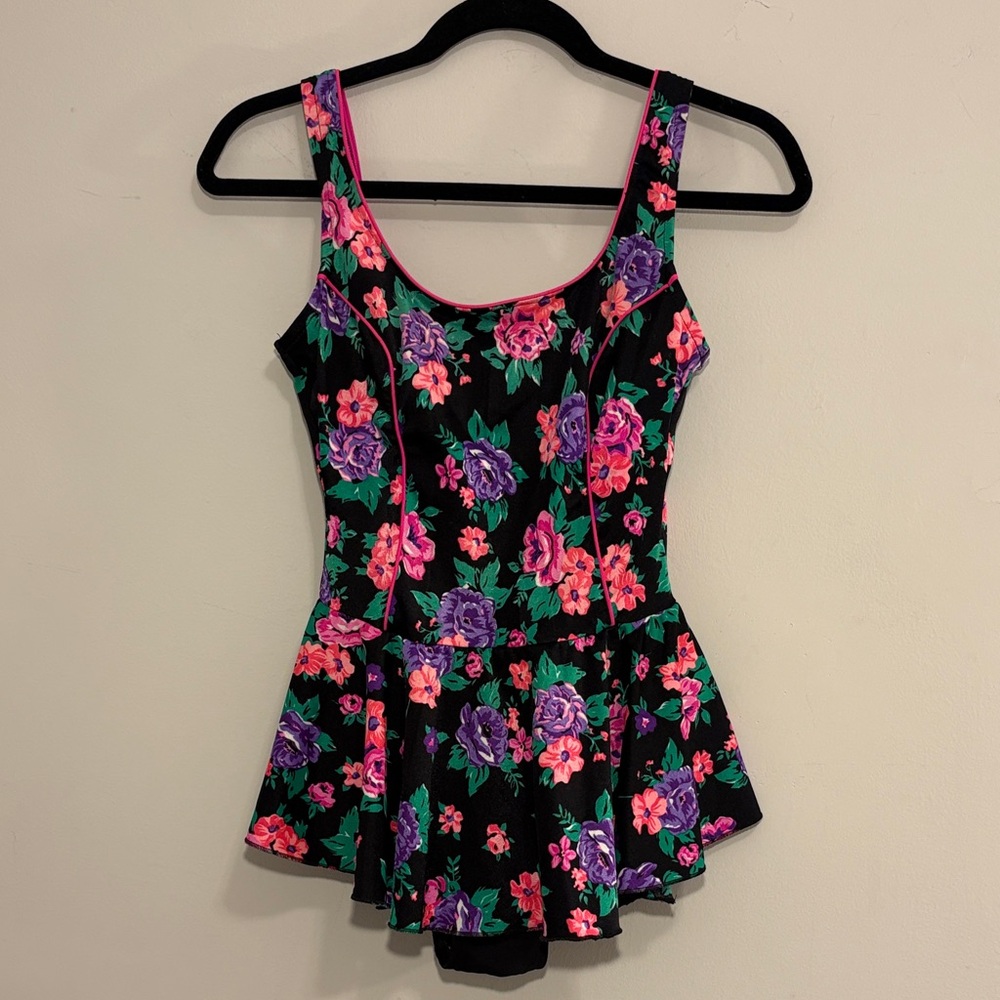 70s Floral One Piece Swim Skirt